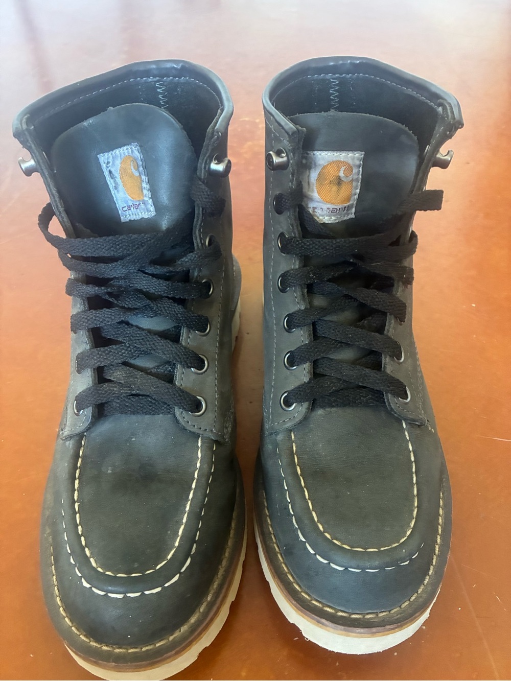 Carhartt Black Leather Lace-Up Work Boot with Orange Logo